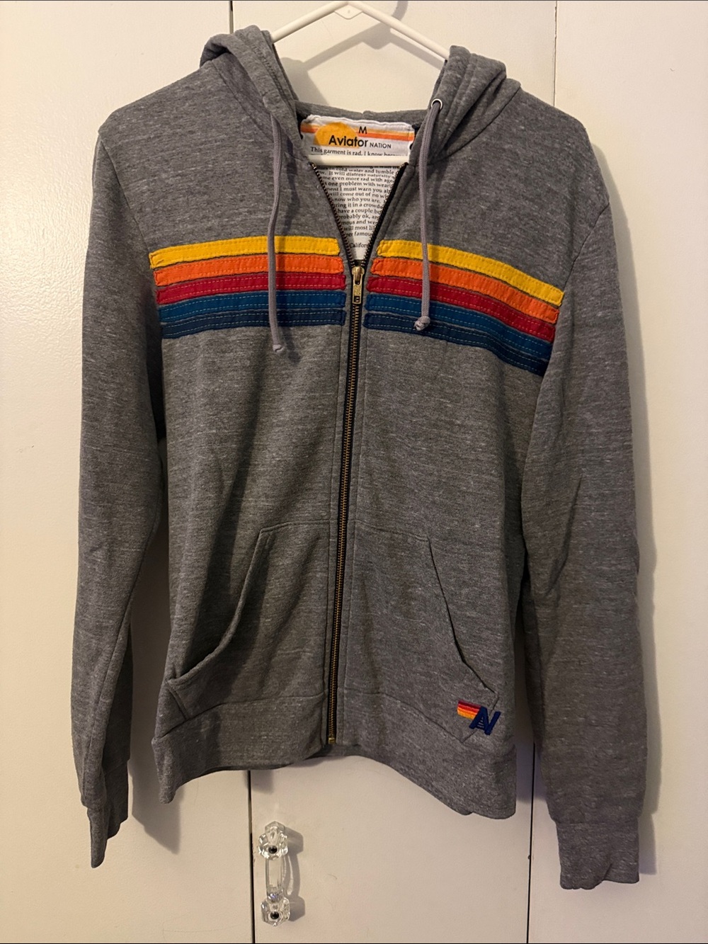 Aviator Nation Gray Joggers/ Hoodie with Retro Rainbow 5 Stripe SET!!! - Picture 2 of 6